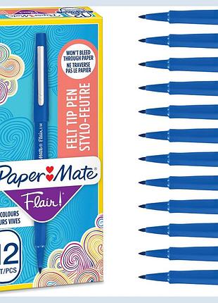 Ручка, paper mate flair 1.1 мм medium tip, синя, набір 12, фетрова, водна фарба, не просочується, не розмивається