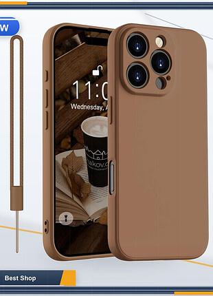 Чохол накладка бампер kukiwhy для iphone 16 pro max, рідкий силікон, коричневий, з мікрофіброю та ремінцем