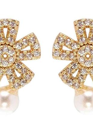 Сережки позолота 18k пусети квітка з перлиною (130032) тм xuping