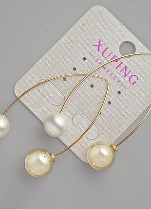 Серьги xuping с бусиной майорка d-10мм, 12мм+- l-53мм+- позолота 18к