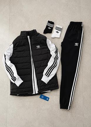 Спортивный костюмadidas с жилетом, чёрно-белый комплект адидас с кофтой и штанами, осенний мужской костюм xl