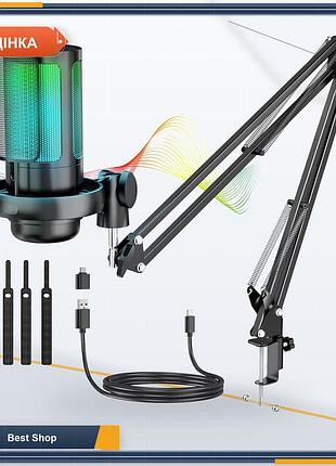 Usb конденсаторний мікрофон з пантографом та rgb підсвіткою 192 кгц/24 bit для геймінгу, стрімінгу, pc, mac, ps4, ps5, чорний