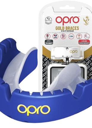 Капа opro золотий braces під брекети доросла (вік 11+) темно-синя/pearl (art.102506002), для захисту зубів і щелепи, для спарингів