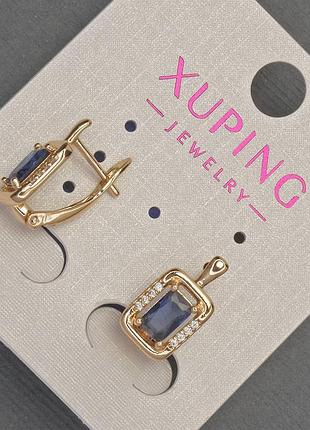 Серьги xuping с белыми стразами и синим кристаллом d-8мм+- l-14мм+- позолота 18к