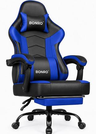 Геймерское кресло с подставкой для ног bonro b-203 синее, для офиса, дома и гейминга, для длительного сидения, для поддержки спины