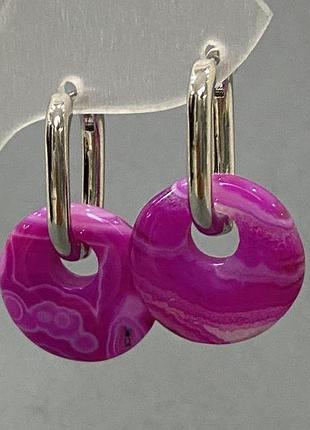 Сережки агат малиновий d-18 мм+- l-30 мм+-
