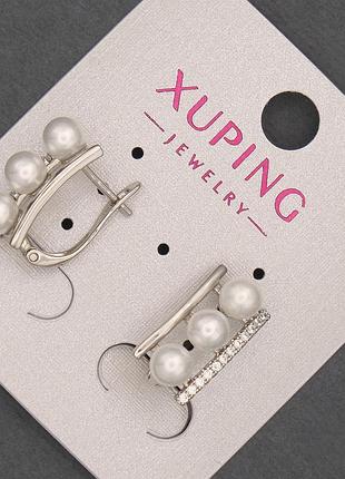 Серьги xuping родий с жемчужинами 8х16мм+-