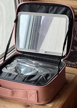 Косметичка-органайзер шкіряна з дзеркалом led підсвічування cosmetic club рожева