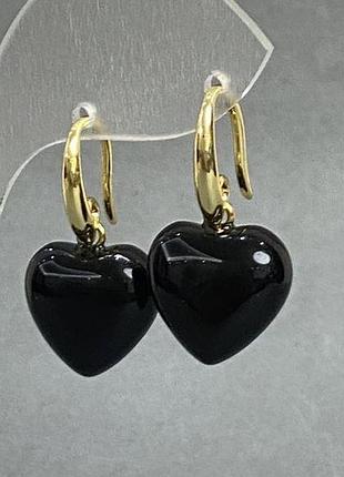 Серьги агат сердце 15 мм+- l-28 мм+-