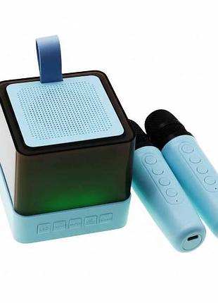 Колонка портативная с 2 караоке микрофонами bluetooth led к18 голубая