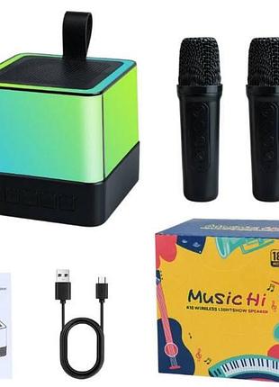 Колонка портативная с 2 караоке микрофонами bluetooth led к18 черная