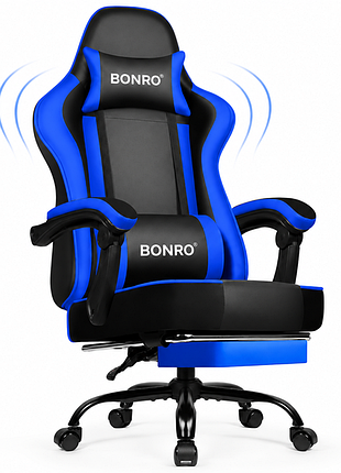 Кресло офисное с подставкой для ног bonro b-059 синее, для работы, гейминга, учебы из экокожи до 120 кг