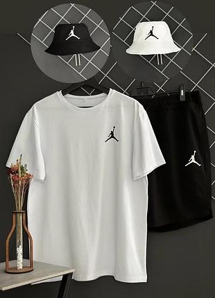 Шорты черные jordan белый лого + футболка белая jordan + панама jordan (панама черная или белая) l