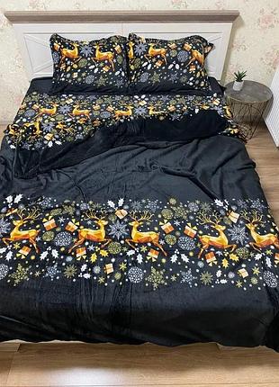 Купить теплое постельное белье велюр новогоднее евро на резинке
