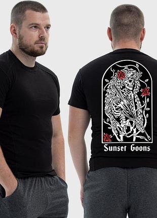 Чоловіча тактична футболка з принтом sunset goons скелет снайпер та троянди, чорний