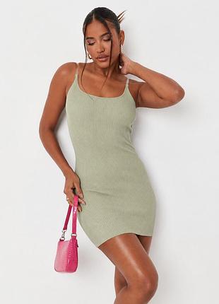 Платье женское трикотажное мини в рубчик на прозрачных бретелях missguided оливковое sage размер 46