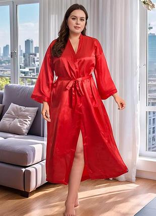 Халат атласный женский длинный красный 3xl 4xl сатиновый домашний халатик больших размеров