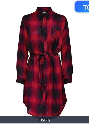 Платье-рубашка m красно-черное в клетку с поясом и карманом, модель onlriley life ls robe à carreaux wvn noos