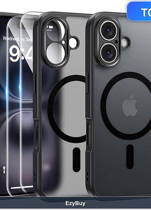 Протиударный чехол-бампер для iphone 16 с поддержкой magsafe и набором из 2 защитных стекол 9h, прозрачный tpu