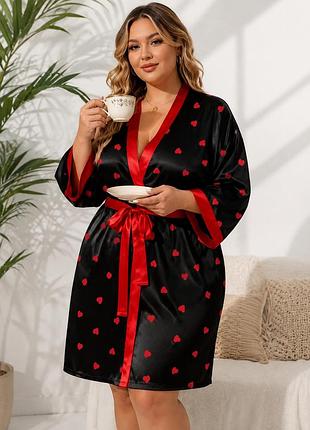 Халат чорний з принтом серця 5xl 6xl короткі батал плюс сайз mr.loveer