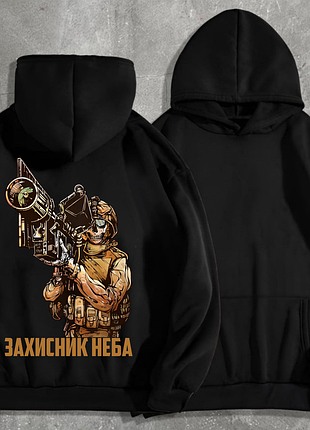 Худи мужской на флисе с принтом скелет защитник неба, черный