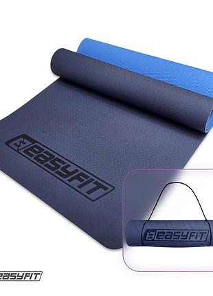 Килимок для йоги та фітнесу easyfit tpe+tc 6мм двошаровий синій-блакитний лучшая цена с быстрой доставкой по украине
