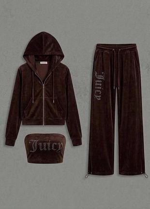 Женский велюровый костюм-тройка juicy с худи, топом и брюками палаццо со стразами шоколад