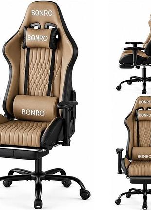 Геймерське крісло з підставкою для ніг bonro 1002g-1 коричневе, для роботи за комп'ютером, офісу з екошкіри до 150 кг