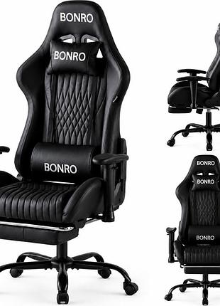 Геймерське крісло з підставкою для ніг bonro 1002g-1 чорне, для офісу, дому та геймінгу, для офісу із екошкіри до 150 кг