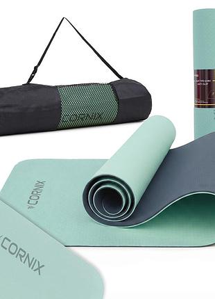 Килимок спортивний cornix tpe 183 x 61 x 0.6 см для йоги та фітнесу xr-0492 mint/navy blue