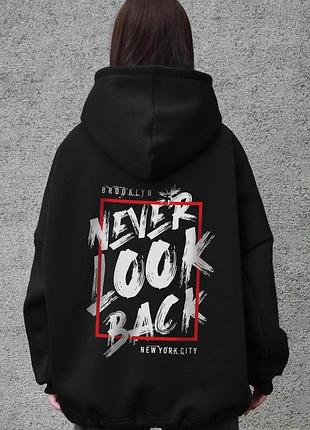 Жіноче оверсайз худі толстовка на флісі з капюшоном та принтом without never look black