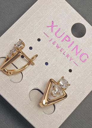 Серьги xuping с белыми стразами d-10мм+- l-16мм+- позолота 18к