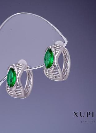 Сережки xuping із зеленими кристалами 15х7мм родій