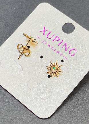 Серьги пусеты серьги пульчики xuping с зеленым кристаллом 9мм+- позолота 18к