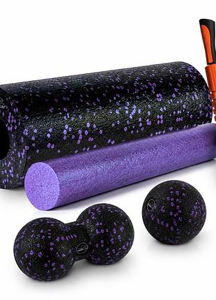 Массажный набор powerplay pp_4015 epp foam roller set 4in1 (2-ва роллы + 2-ва мячи) черно-фиолетовый, для самомассажа и релаксации