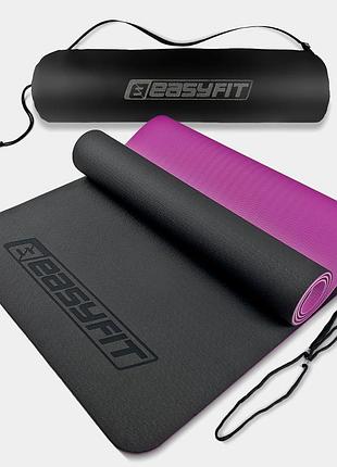 Килимок для йоги та фітнеса easyfit tpe+tc 6мм двошаровий + чохол чорний з фіолетовим лучшая цена с быстрой доставкой по украине