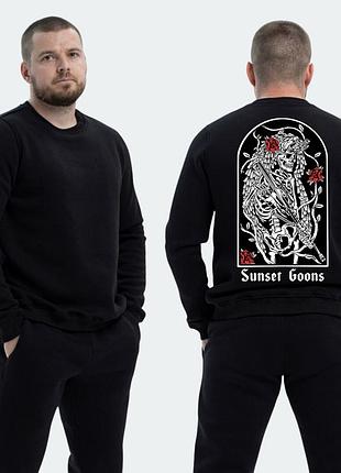 Чоловічий світшот на флісі з принтом sunset goons скелет снайпер та троянди, чорний