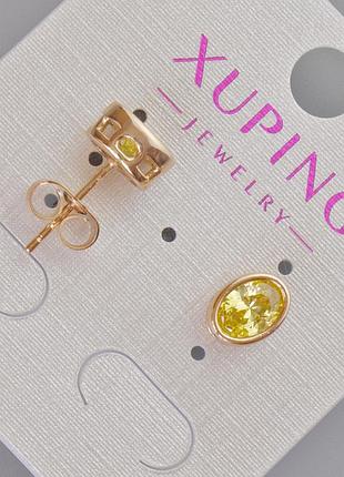 Серьги пусеты xuping с желтым кристаллом d-8,5х6,5мм+- позолота 18к