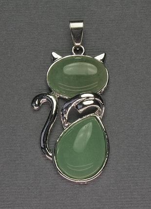 Кулон кошка нефрит 25х51мм+- серебристый металл