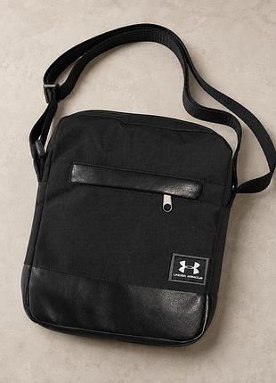 Барсетка under armour черная с кожей, сумка андер армор через плечо с карманами, мужская сумка мессенджер