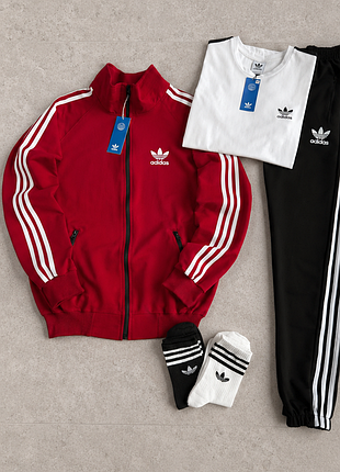 Червоний комплект adidas з олімпійкою та футболкою, спортивний набір адідас із чорними штанами, чоловічий костюм трійка xxxl