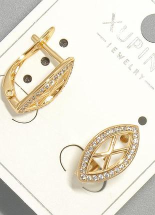 Серьги xuping с белыми стразами d-9х15,5мм+- позолота 18к