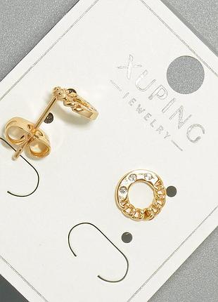 Серьги пусеты xuping с белыми стразами d-8мм+- позолота 18к