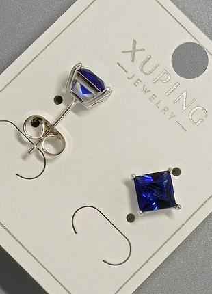 Серьги пусеты xuping с синим кристаллом d-6мм+- родий