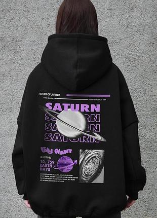 Жіноче оверсайз худі толстовка на флісі з капюшоном та принтом without saturn black
