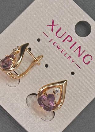 Серьги xuping с белыми стразами и фиолетовым кристаллом d-11мм+- l-16мм+- позолота 18к