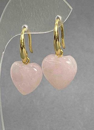 Серьги розовый кварц «сердце» 15 мм+- l-28 мм+-