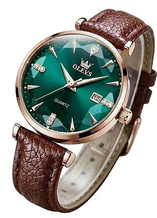 Женские наручные часы olevs diamond leather brown кварцевые, 2 ремешка.