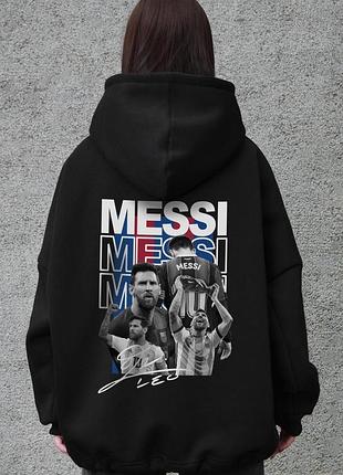 Жіноче оверсайз худі толстовка на флісі з капюшоном та принтом without messi black