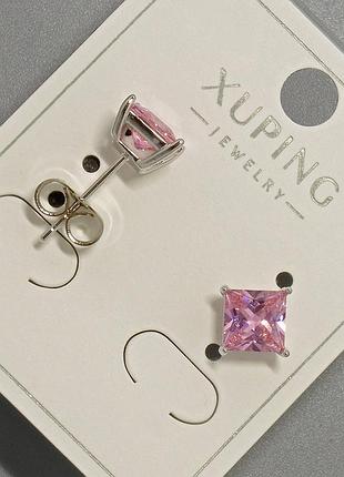 Серьги пусеты xuping с розовым кристаллом d-6мм+- родий